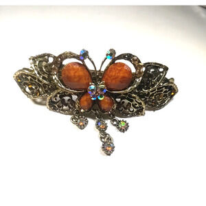 Hair Barrette Tension Clip Antique Gold Tone Rust Colored Beads Rhinestone